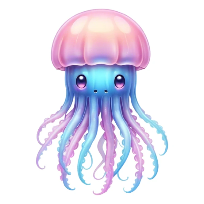 Cinematic floating kawaii jellyfish, tiny round body, soft glowing tentacles, pastel pink and blue hues, delicate sparkling highlights, dreamy and adorable. sticker