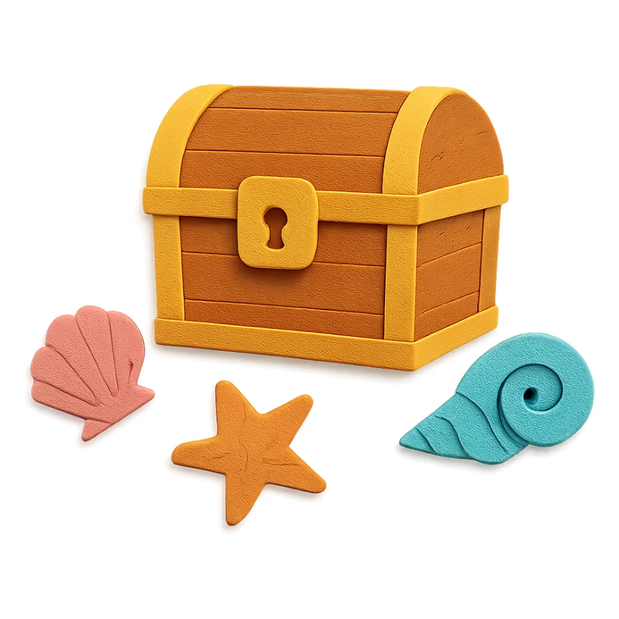 closed treasure chest with a lock, surrounded by seashells and starfish in paper-craft style sticker