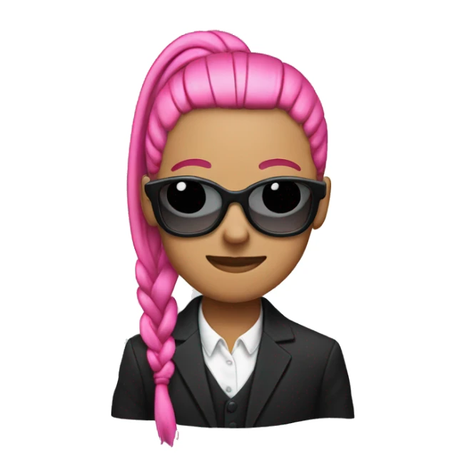Skull emoji with a high pink ponytail wearing a black suit sticker