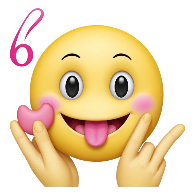 The image is a digital illustration of a yellow smiley face with big, round eyes and a big smile. The face is holding a pink tongue sticking out and making a 67 with its fingers. Above the face, The background is white. Like this but get rid of the text but make the hands do the numbers 67 sticker