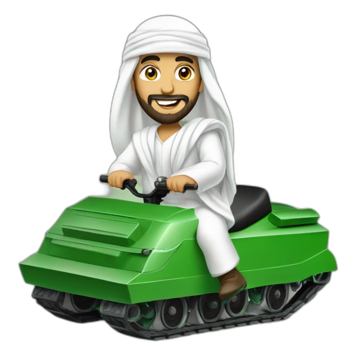prince from Saudi Arabia with a beard in a white  shemagh national headdress riding  on a green tank, smiling sticker