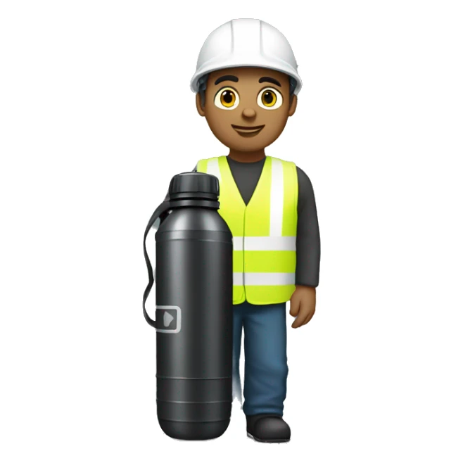 A standing engineer wearing white helmet and holding a black water bottle sticker