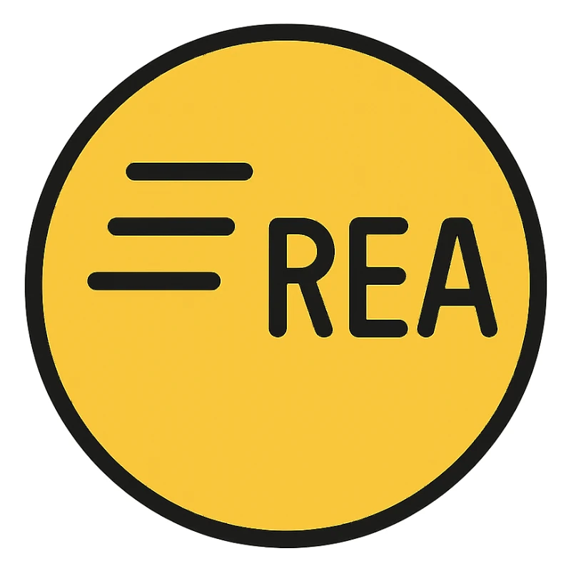 emoji with a single symbol of three grey horizontal lines, followed by the text 'REA' in capital letters, with the text in orange color, clean and modern style sticker