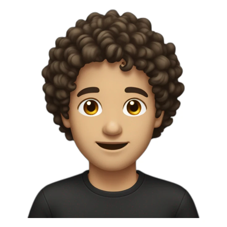 man short curly dark brown hair curls on forehead with brown eyes smiling black shirt light skin sticker