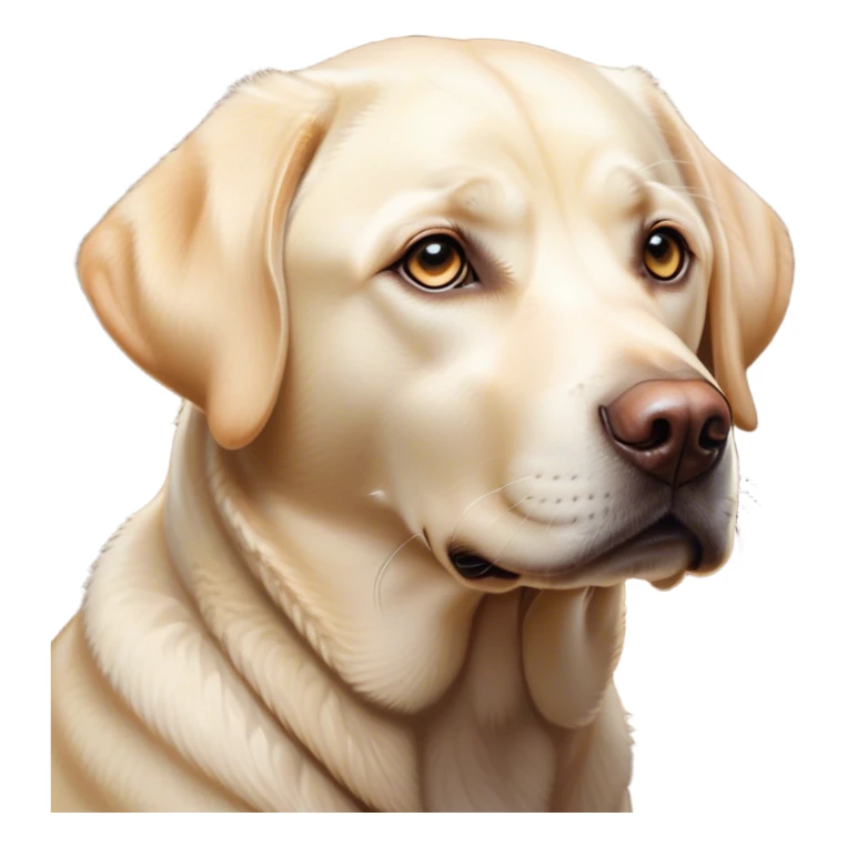 Cinematic Noble Cream Labrador Portrait Emoji, Poised and regal, with a strong, athletic build and a smooth, well-groomed cream Fur, deep-set soulful warm eyes, Simplified yet sharp and sophisticated features, highly detailed, glowing with a soft, dignified glow, high shine, intelligent and gentle, stylized with an air of grace, focused and attentive, soft glowing outline, capturing the essence of a watchful and loving companion, so majestic it feels as though it could bound out of the screen with effortless authority! sticker