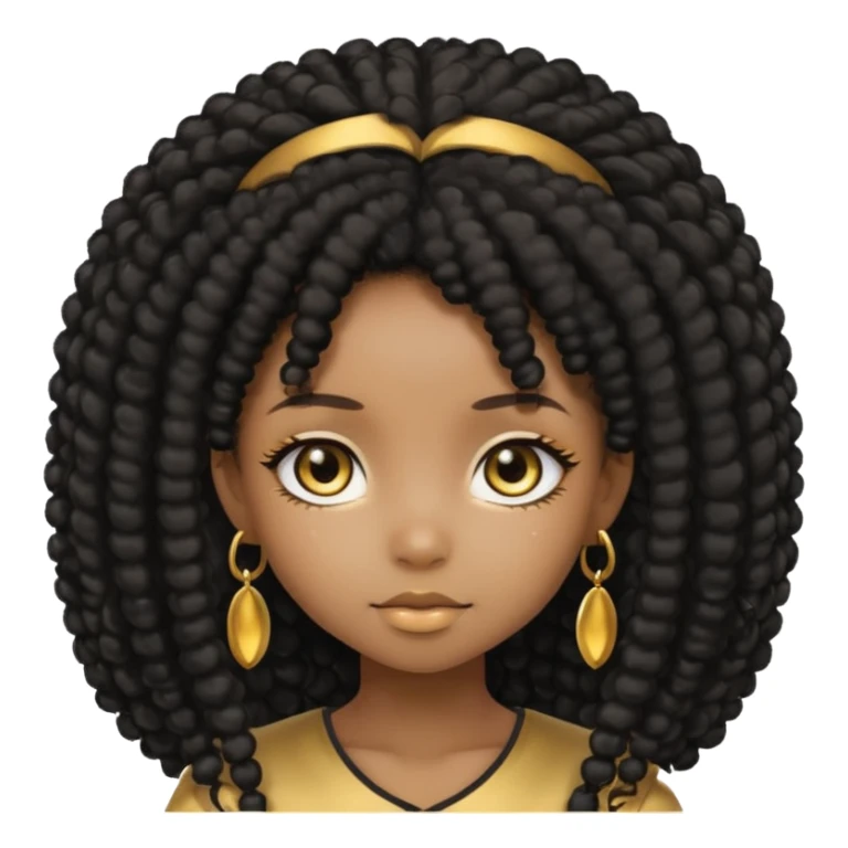 Create the same black chibi girl with long afro hair and beautiful gold eyes 20 times with different expression sticker