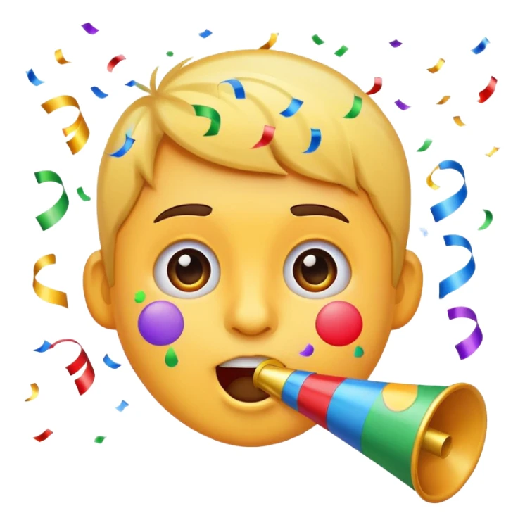 birthday face emoji, blowing a party horn, surrounded by confetti sticker