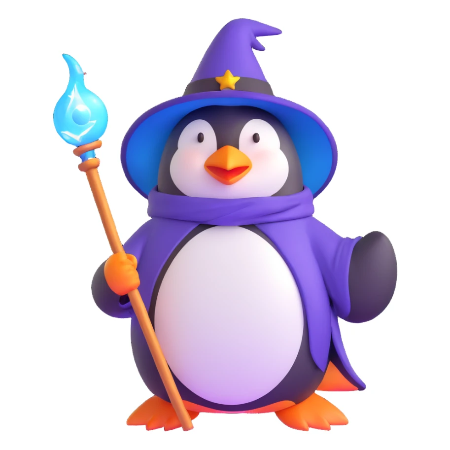 penguin wizard with a glowing staff and magical aura sticker