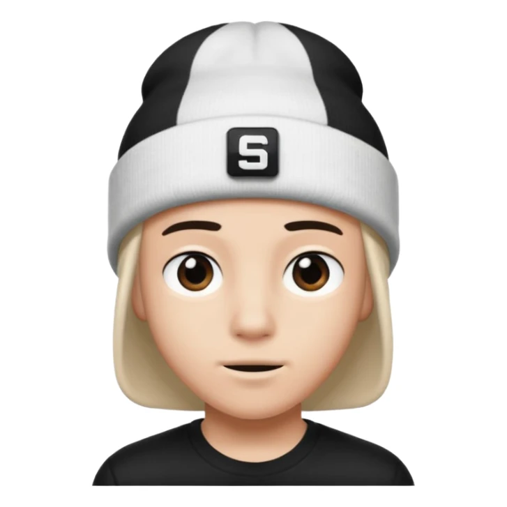 luca wearing a white beanie with a black square logo that says "Steven" on it
 sticker