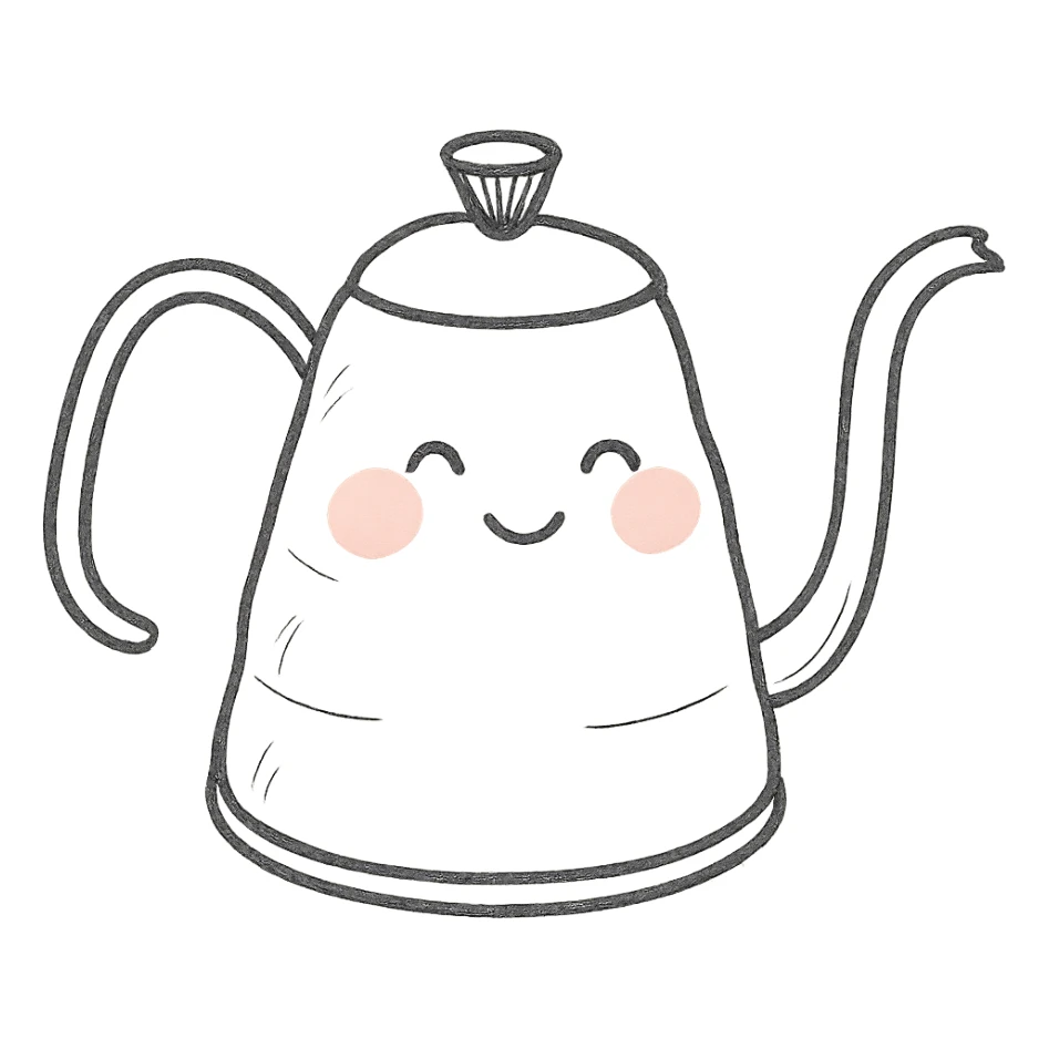 hand-drawn pour-over kettle, full body, blushing cheeks, soft pastel colors sticker