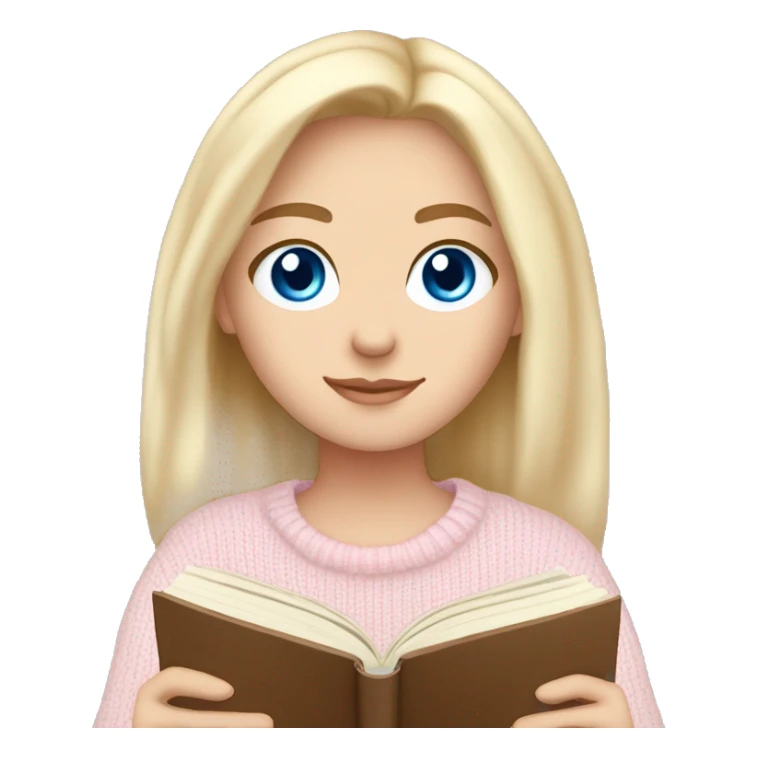 Pretty blue eyed white girl with light pink sweater reading cozy sticker
