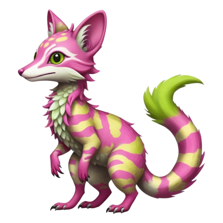 Feral Rare Fantasy   vivid tropical mango-lime-pink splash-patterned silky fur Vernid-Sergal-Genet-Trico-species by LiLaiRa, random markings, tufted tail, tufted ears, full body sticker