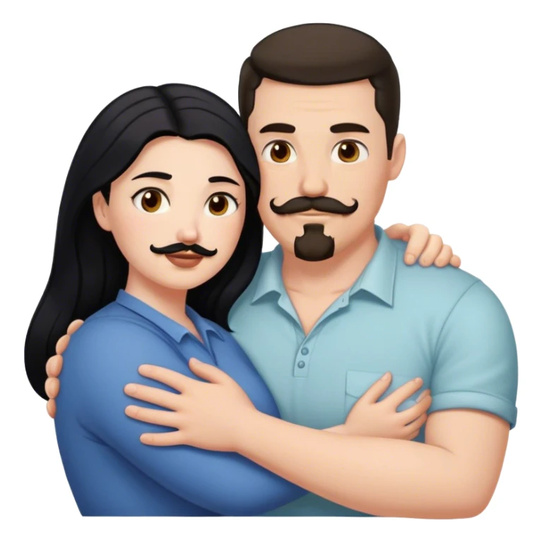 Tall strong white man with dark brown mustache goatee hugging a chubby short pale woman with long black hair sticker