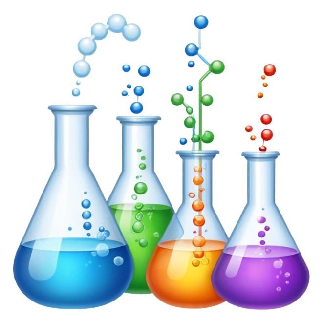 An icon featuring laboratory flasks with tubes, symbolizing chemistry. The design includes liquid and powder substances, a chemical reaction with bubbles, and molecular formulas, representing chemical processes like hydrolysis. Transparent background sticker