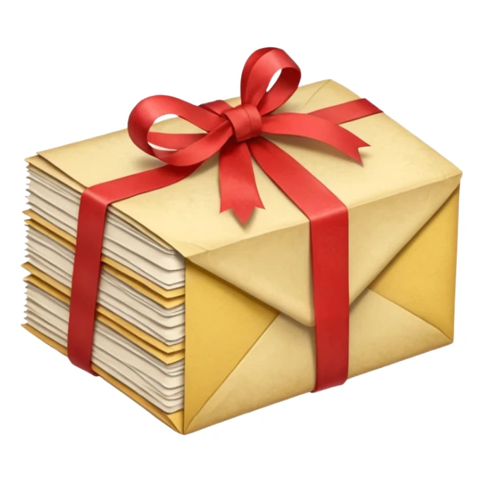 Stack of aged letters, tied with a red ribbon, envelopes, corespondence sticker