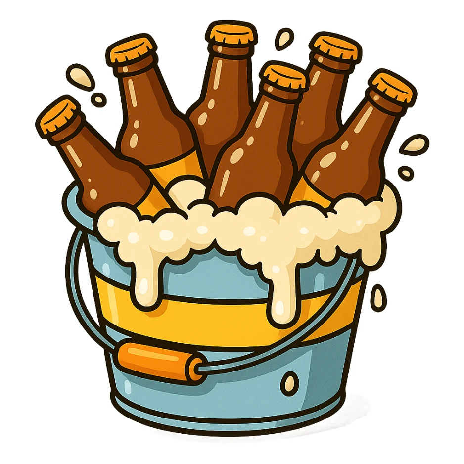 a cartoon-style bucket overflowing with beer bottles, bright and cheerful sticker