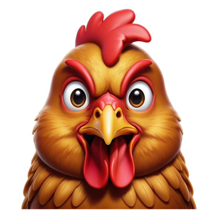 Cinematic Comical Brown Chicken Portrait Emoji, Head tilted dramatically with an exaggeratedly amused expression, featuring a striking, glossy brown plumage with a vibrant red comb, wide, expressive beady eyes filled with playful disbelief, Simplified yet hilariously expressive features, highly detailed, glowing with a slightly sassy glow, high shine, dramatic yet playful, stylized with an air of cheeky mischief, bright and endearing, soft glowing outline, capturing the essence of a spirited and over-the-top chicken, so meme-worthy it feels like it could cluck its way into internet fame instantly! sticker