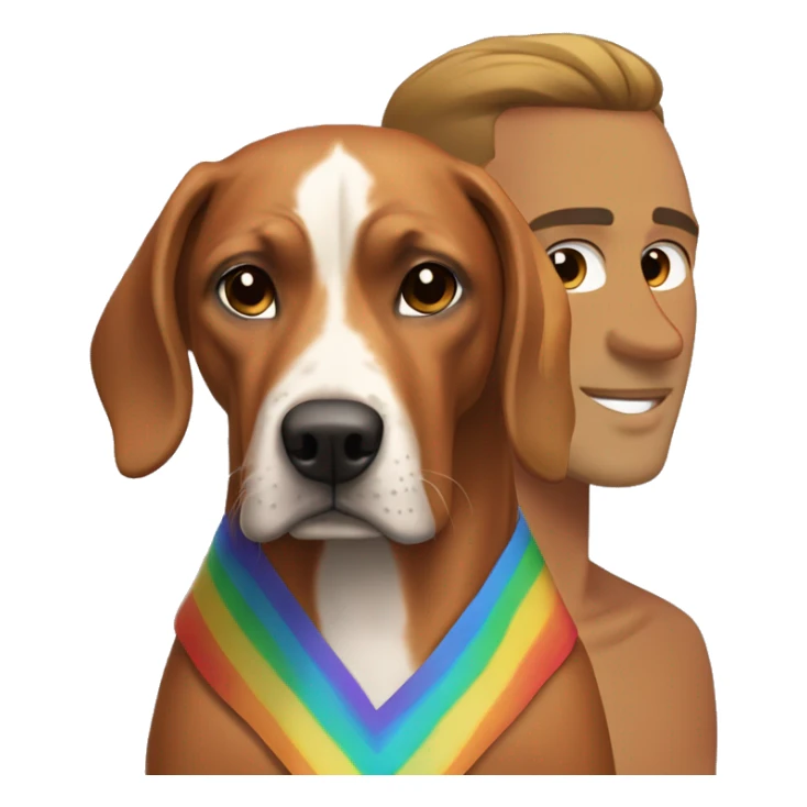 white male with long rainbow colored hair standing alongside a brown rhodesian ridgeback sticker