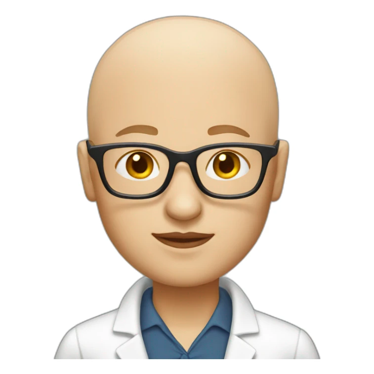 Bald science teacher with glasses and a white blouse sticker