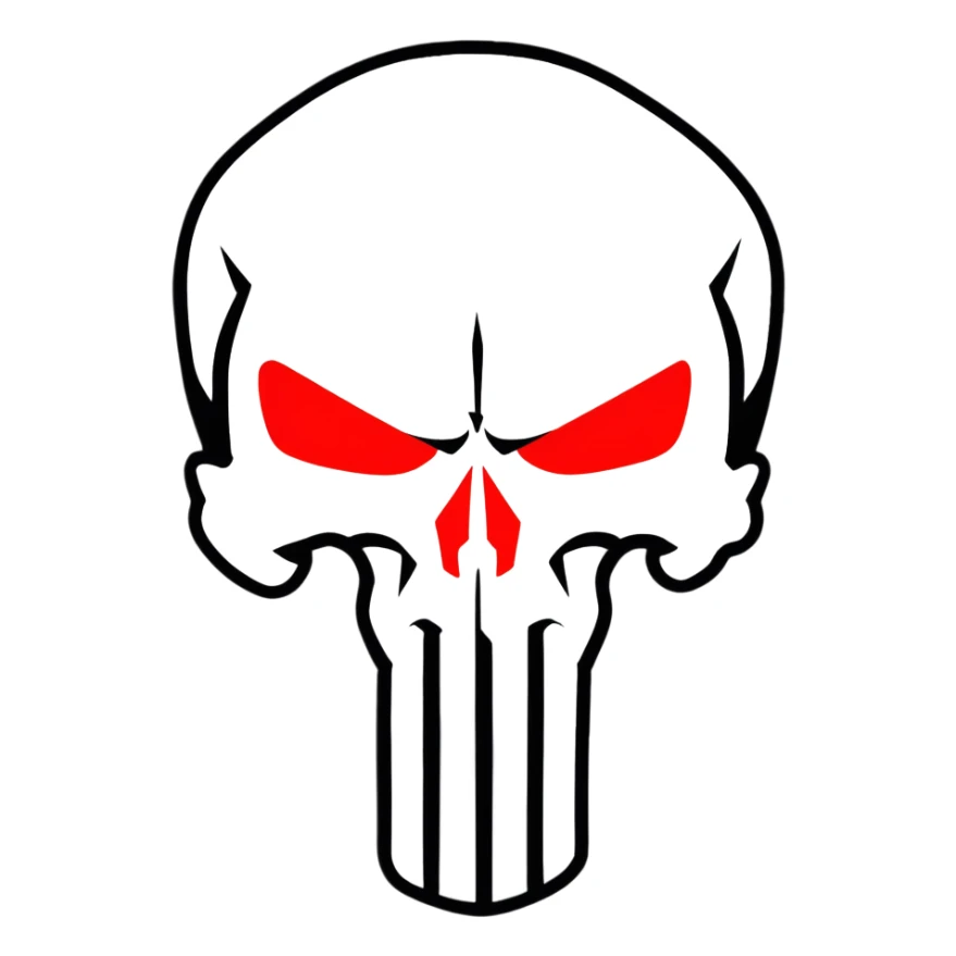 Punisher skull with bright glowing red eyes, menacing sticker
