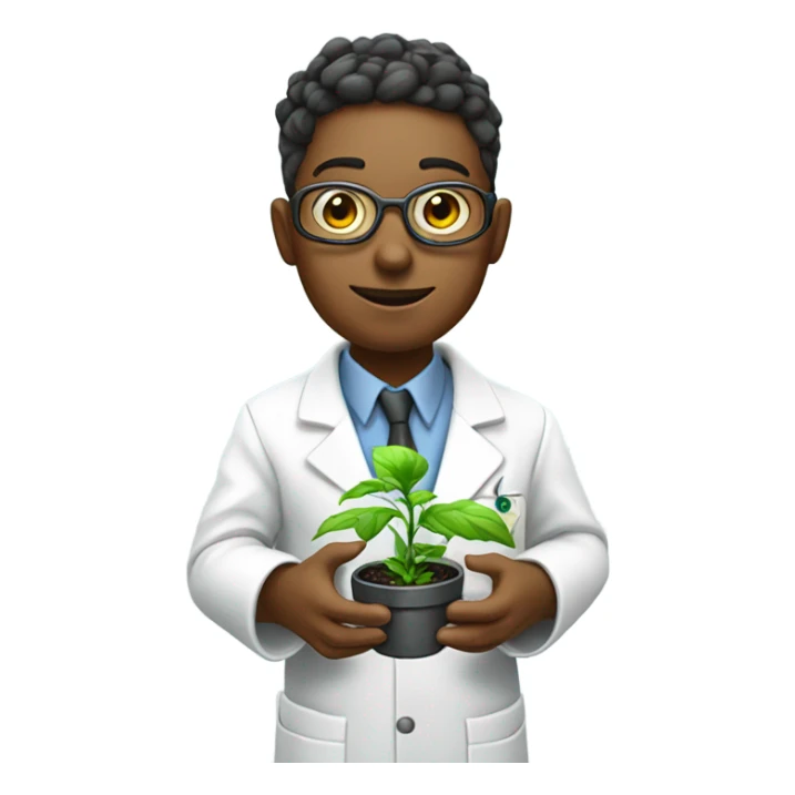 cyborg scientist wearing a lab coat and holding a small plant sticker