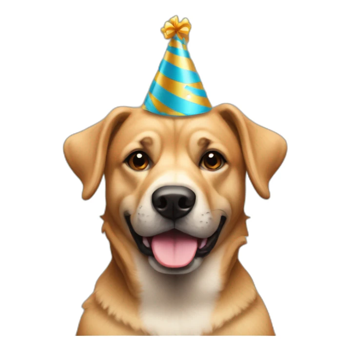 Tan and black super mutt dog wearing birthday hat sticker