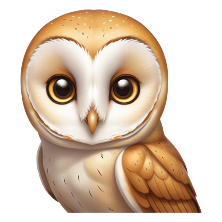 Cinematic Cute Barn Owl Portrait Emoji, Head tilted playfully and inquisitively, featuring a softly mottled Fur of white and brown with delicate feather patterns, round, sparkling amber eyes filled with curious wonder, Simplified yet irresistibly adorable features, highly detailed, glowing with a warm, friendly glow, high shine, affectionate and gentle, stylized with a touch of barnyard whimsy, bright and endearing, soft glowing outline, capturing the essence of a mischievous yet loving owl, so playful it feels like it could swoop out of the screen and into your arms! sticker