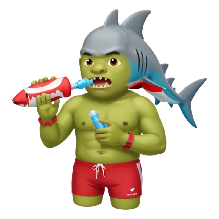 orc male in shark floatie, blowing whistle. Red swim trunks sticker