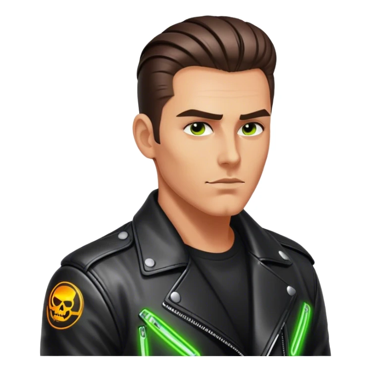 A lone biker with slicked-back hair, wearing a leather jacket, his face partially lit by neon lights sticker