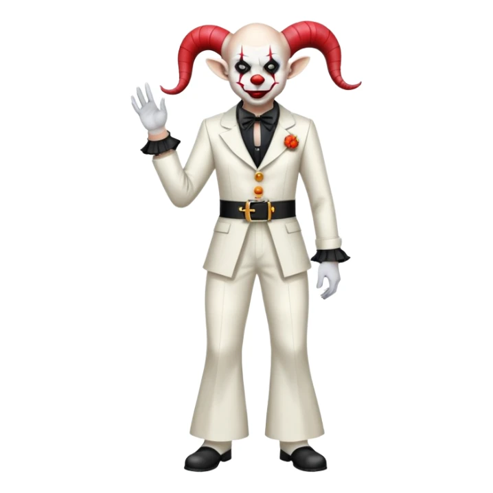 full-body demonic clown in a white leisure suit with bellbottom pants, bald, with black ram horns, flashy belt, ruffled shirt, no neck tie sticker