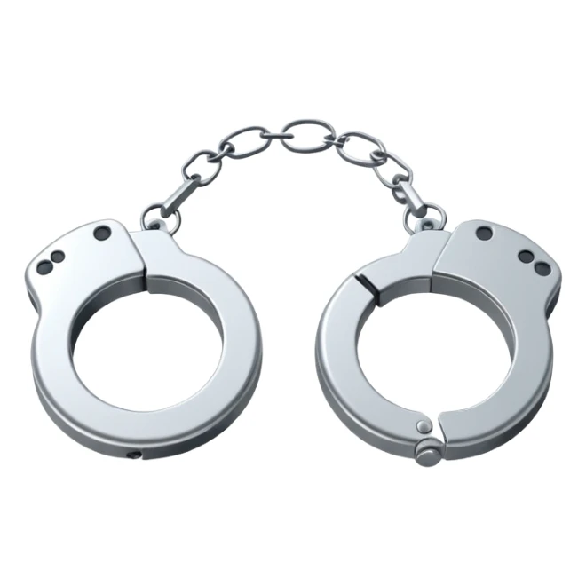 Minimalistic metallic handcuffs emoji, reflective metal, simple flat vector design, futuristic minimal style sticker
