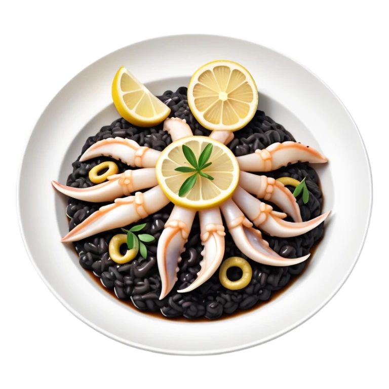 cinematic-realistic-black-risotto-dish,-showcasing-lagre squid pieces-rendered-with-bold-textures-and-dynamic,-dramatic-lighting in a white plate with a single slice of grilled lemon on top sticker