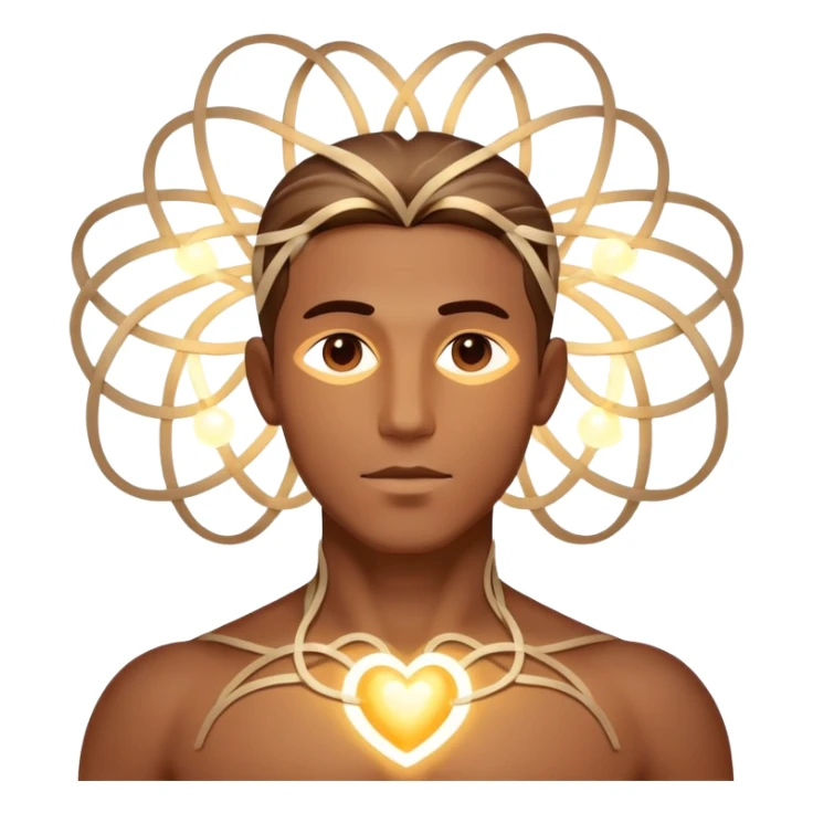 luminous male silhouette surrounded by flowing interconnected lines and softly glowing orbs with radiant core at head and heart sticker
