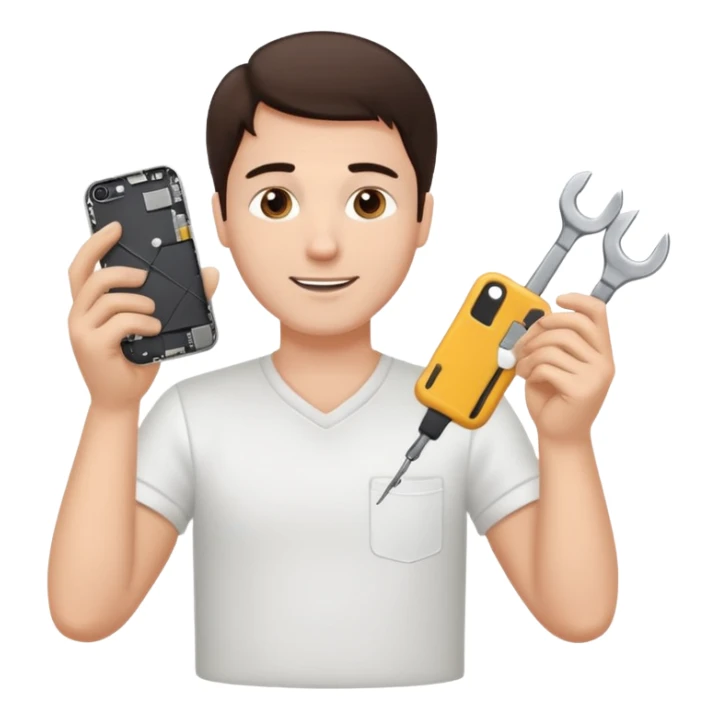 make a white guy with dark brown hair, with a simple white o grey shirt, repairing an iphone happy, tecnician with small real tools for phone sticker