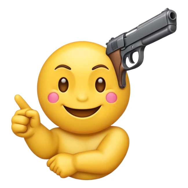 yellow emoji smiling hysterically pointing a gun forward sticker