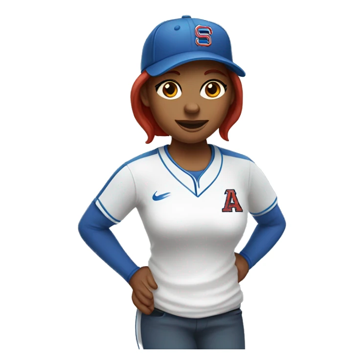 front facing standing up female coach with long red hair, wearing a white t-shirt and a simple baseball blue hat sticker