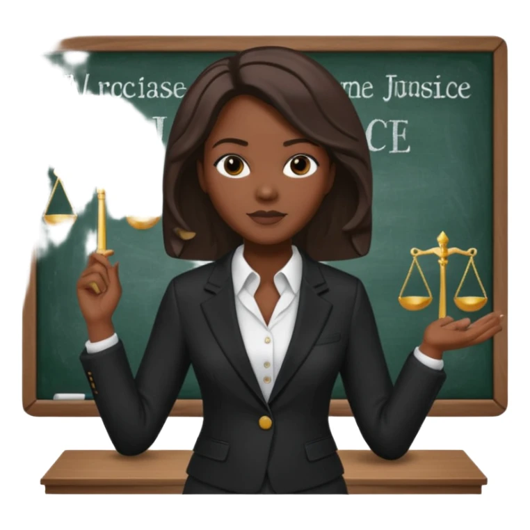 Black teacher/professor looking like the fictional character Annalise Keating from How To Get Away With Murder, holding a statue of justice and with a school black board in the background sticker