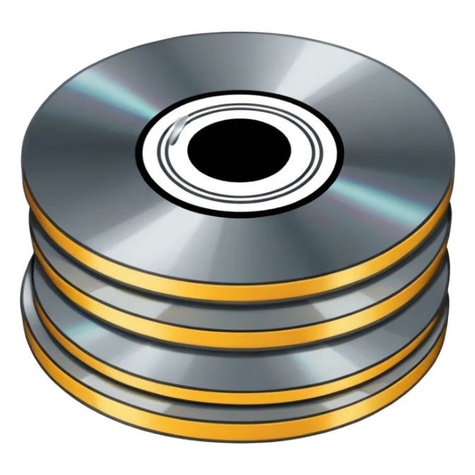 Minimalist emoji-style sticker of a small stack of DVD discs, one cracked, one with burn marks. Top-down view, grayscale and muted tones, flat design, no text. sticker