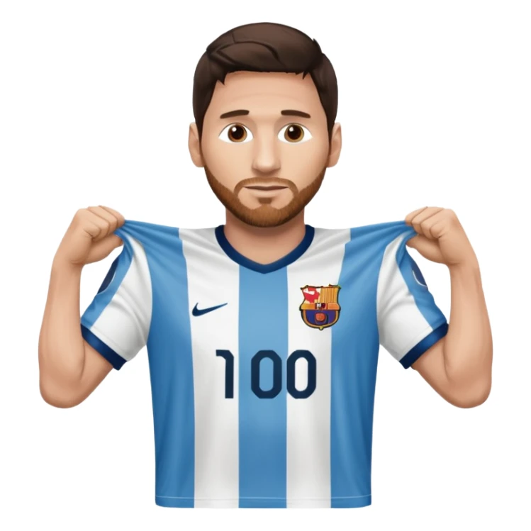 Lionel Messi holding up his own shirt sticker