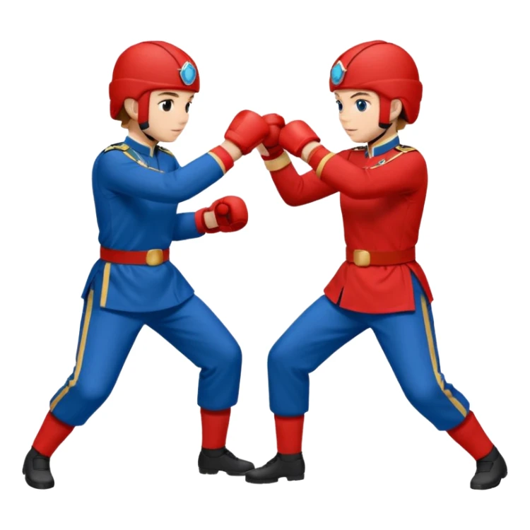 two peope sparring, red uniform and blue unidorm sticker