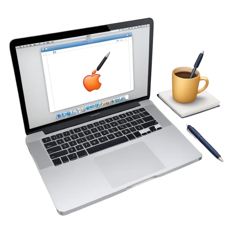 top view of a MacBook and a notebook with a pen nearby sticker