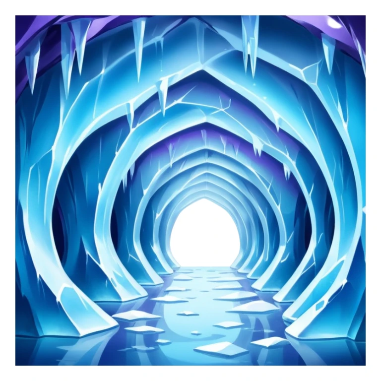 A breathtaking ice cave glowing with blue light, featuring smooth, curved walls made entirely of translucent ice. The interior reflects shimmering shades of blue and purple, with natural light filtering through the frozen surface. Realistic detail, cinematic lighting. sticker