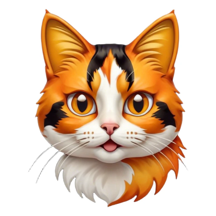 Cinematic Comical Calico Cat Portrait Emoji, Head tilted dramatically with an exaggeratedly surprised expression, showcasing a vibrant patchwork fur of orange, black, and white with wide, comically expressive eyes, simplified yet hilariously detailed, glowing with a sassy, golden radiance, high shine, exuding playful mischief and cheeky feline attitude, styled with a soft glowing outline, capturing the essence of a calico cat that looks ready to leap off the screen with mischievous flair! sticker