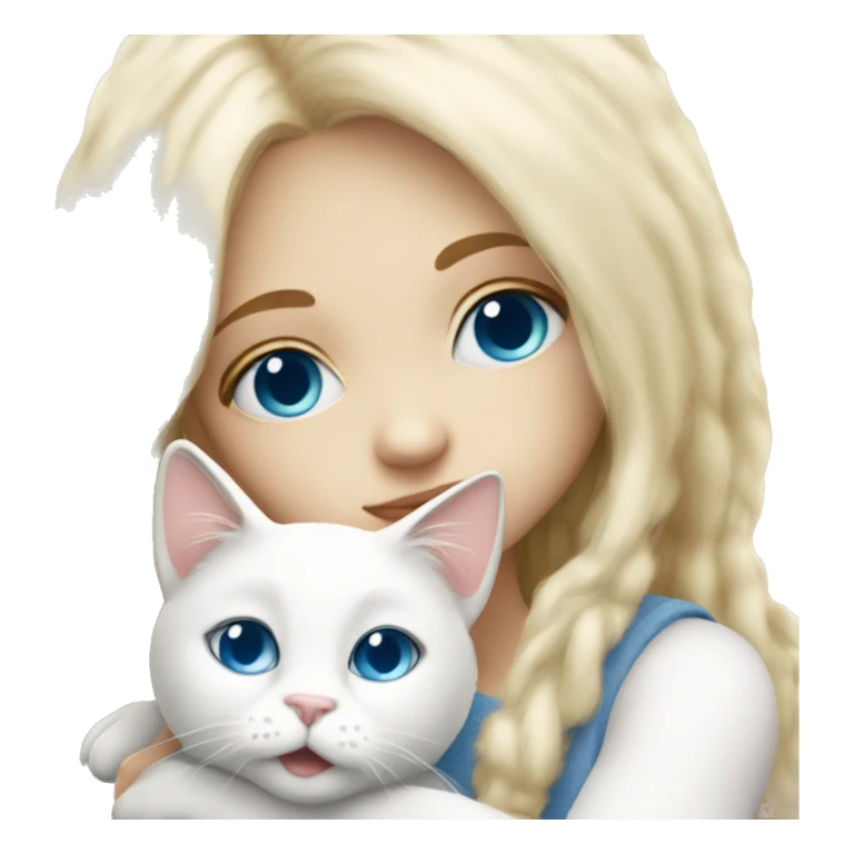 blondie girl with blue eyes hugging a white fluffy cat sticker