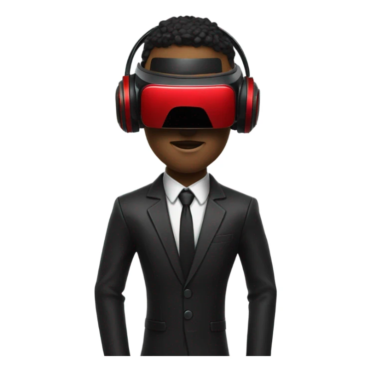 Cyberpunk man wearing black suit, red VR headset sticker
