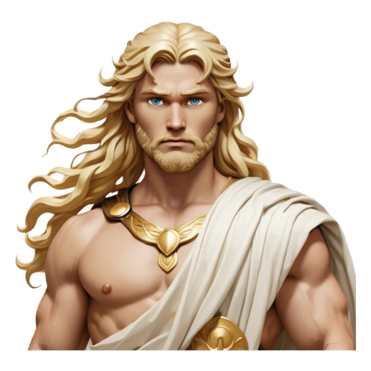 Cinematic Realistic Thor Portrait, depicted as a classical Greek god with a chiseled, sculpted physique reminiscent of ancient marble statues. His fair, luminous skin carries a subtle golden sheen, and his long, wavy, sun-kissed golden hair flows elegantly around his noble face, accentuating his determined, piercing eyes. Draped in a flowing white toga with delicate golden accents and hints of lightning motifs, the portrait is rendered in dynamic natural lighting with a radiant, mythic glow that exudes timeless strength and divine grace. sticker