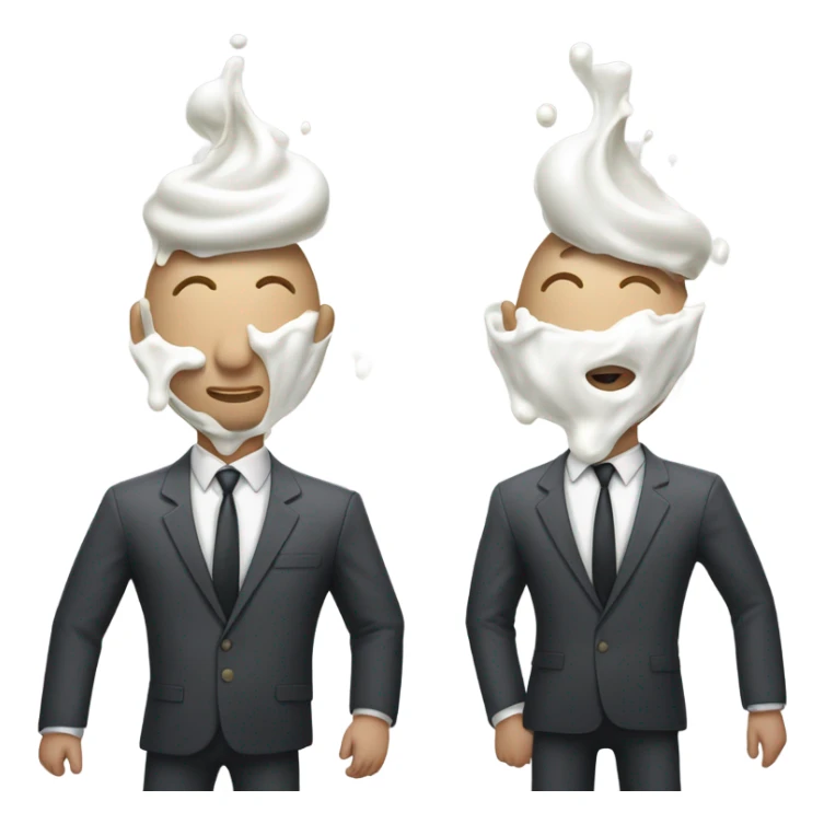 Two men covered in yogurt wearing suits with yogurt on their head sticker