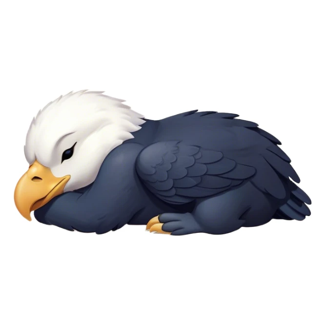 Meme-Worthy Cute Sleeping American Eagle Portrait Emoji, Head resting peacefully with a contented smile, showcasing a broad, stately form with eyes gently closed in serene slumber and a striking contrast of white head and dark body, Simplified yet adorably endearing features, highly detailed, glowing with a soft, drowsy majestic light, high shine, relaxed and utterly lovable, stylized with an air of playful laziness, soft glowing outline, capturing the essence of a sleeping American eagle that feels destined to become the next viral icon of adorable rest! sticker