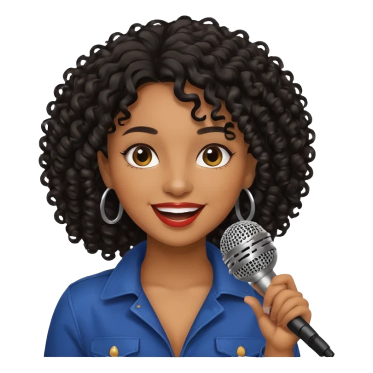 brown skin woman, curly black hair, singer, hold micro sticker