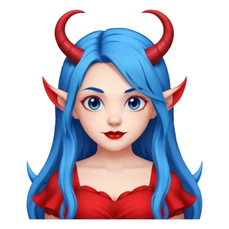 Female devil with long blue hair and horns,  cute face, half body sticker